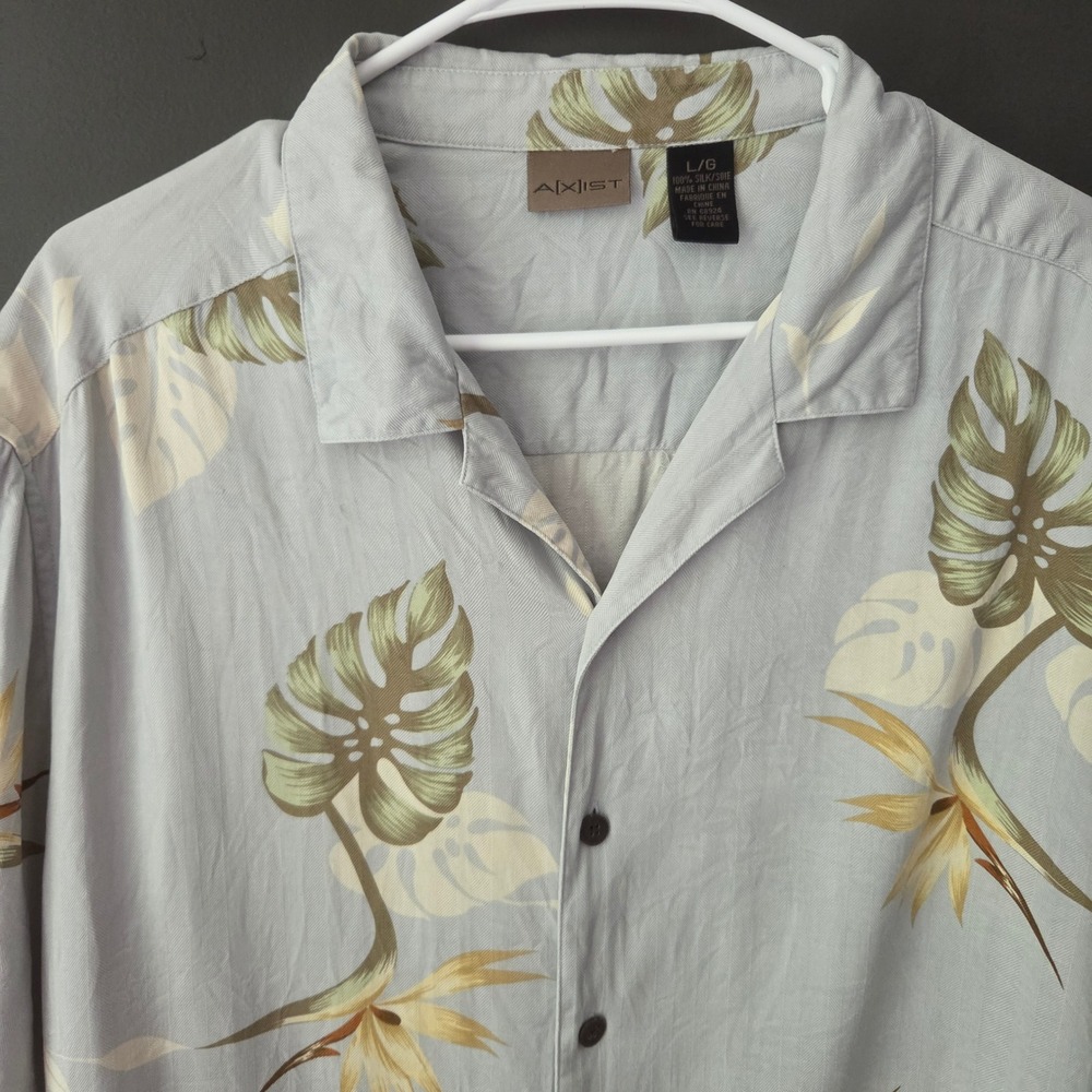 Axist Mens Large 100% Silk Tropical Bird of Paradise Herringbone Hawaiian Shirt